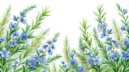 Fototapeta premium Watercolor rosemary clipart featuring delicate blue flowers and green foliage from a low angle view