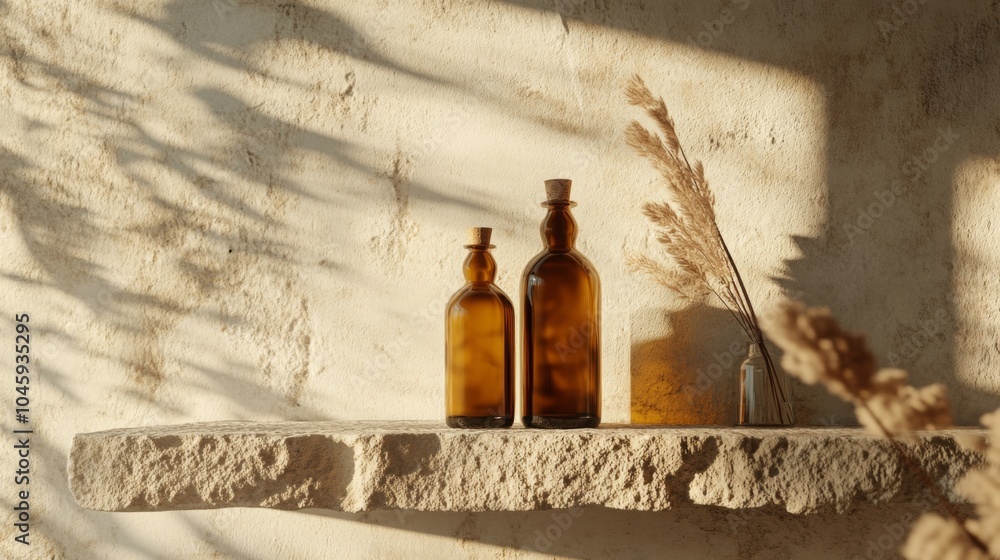 Leinwandbilder two amber glass bottles are displayed on a stone shelf, illuminated by soft sunlight filtering throu