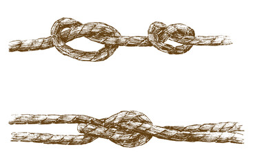 Hand drawing of strong nautical knots of rigging rope, vector illustration isolated on white
