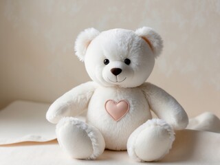 white teddy bear with peach pastel heart on soft background.