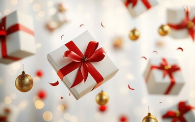 flying white gift boxes with red ribbon bows and golden Christmas ornaments on a light background. New Year, birthday, or Christmas concept. Mockup for product presentation