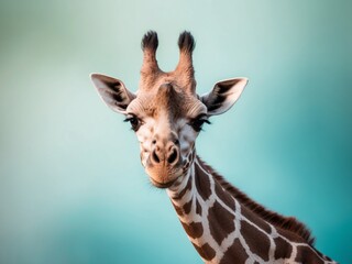 Obraz premium Curious Giraffe on a Turquoise Background.