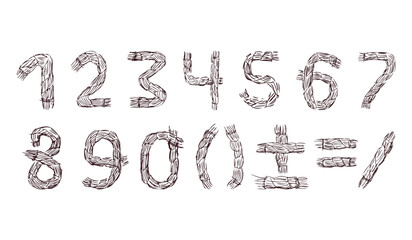 Numbers, signs, symbols of rigging rope outlines, vector hand drawn illustration isolated on white