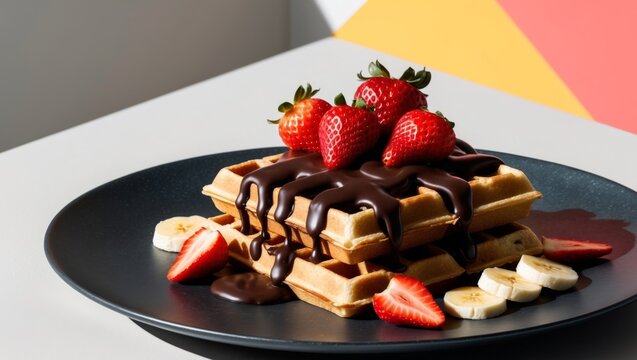 chocolate drizzled waffles with sliced bananas and strawberries on a dark plate.