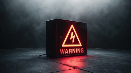 Glowing red warning sign in dark environment.