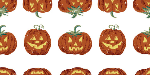 Seamless pattern of various drawn  Halloween pumpkins, vector illustration, isolated on white