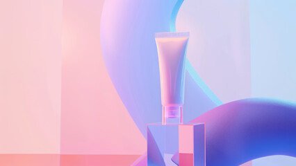 Minimalist beauty product tube displayed in a colorful abstract setting