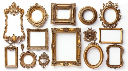 Elegant collection of ornate frames in gilded gold, isolated on a white background