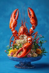   Blue bowl of lobsters and flowers on a blue tablecloth against a blue wall background