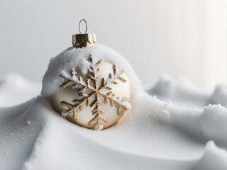 The gold snowflake ornaments are decorated with fresh white snow.