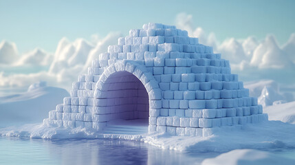 Artistic Representation of a Low Poly Arctic Landscape with a Stunning Primitive Igloo Made from Stacked Ice Blocks
