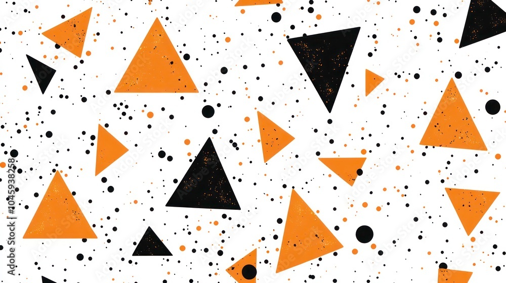 Poster abstract background with black and orange triangles and dots on a white background.