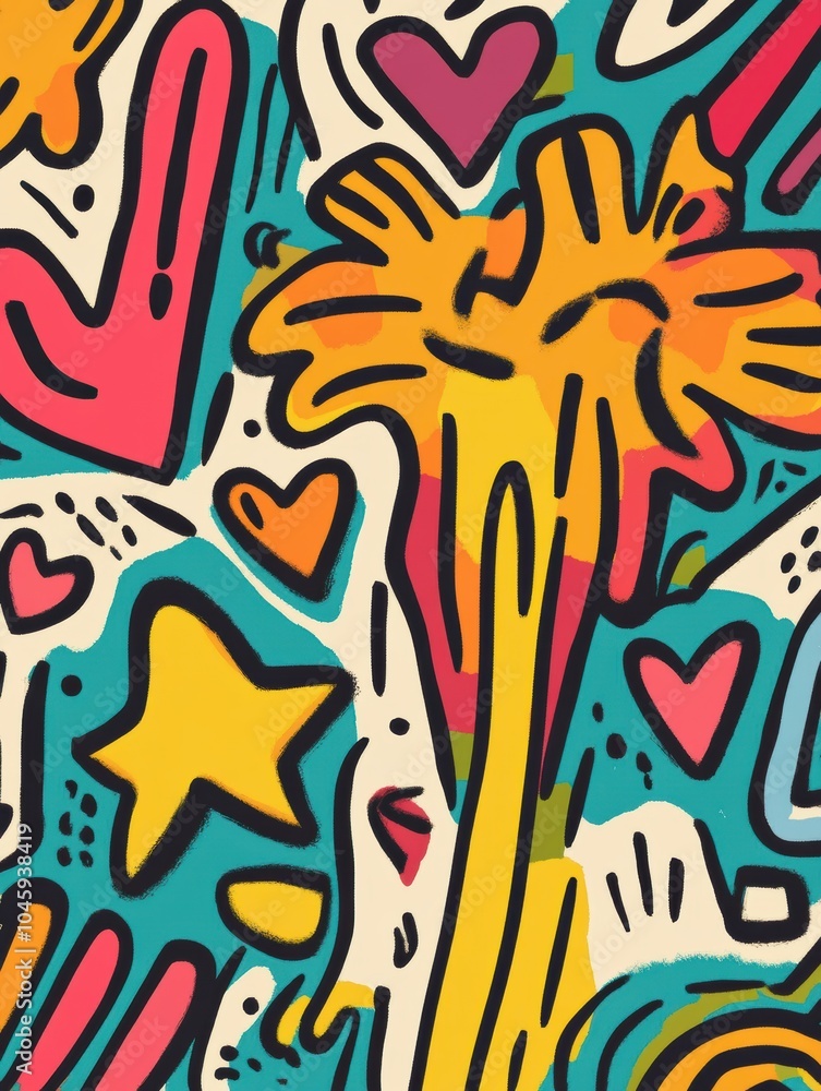 Poster This doodle features an array of cheerful symbols including stars, hearts, and flowers, all bursting with color and creativity. Generative AI