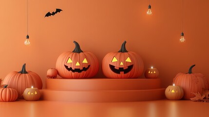 Product display podium with 3D Jack O' Lantern pumpkins and candlelight, on an orange paper graphic background for Halloween