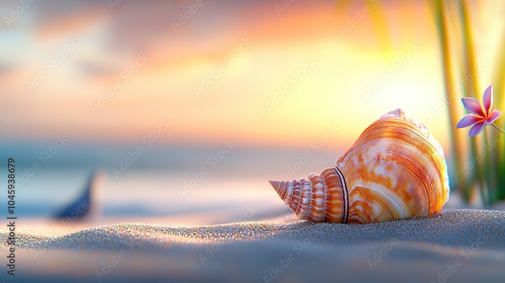 Poster a seashell captured closely on a water's edge with a distant plane in the backdrop