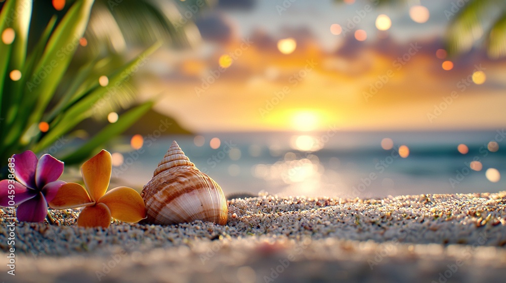 Poster close-up of seashell on sandy beach with flower in foreground and ocean in background