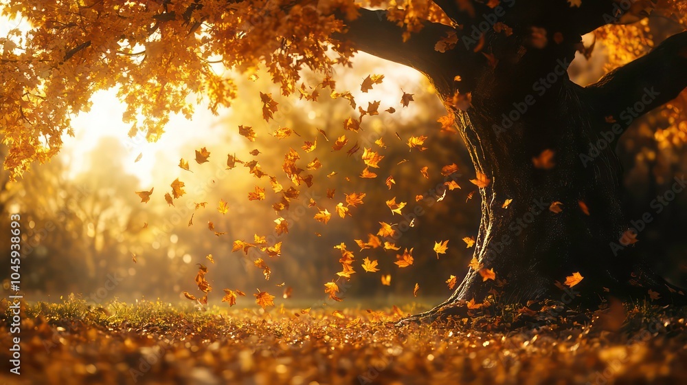 Poster a large tree with golden leaves in the fall. the leaves are falling from the tree and creating a bea