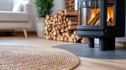 A warm and inviting living room showcases a sleek wood stove radiating heat, complemented by a stylish sofa and a round woven pouf, perfect for relaxation in a contemporary setting.