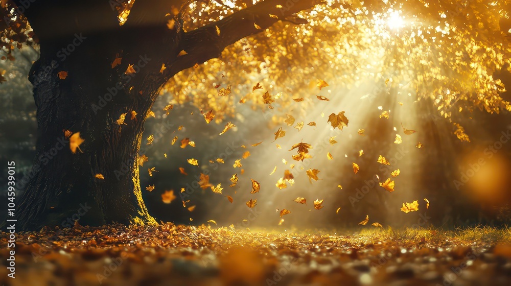 Poster golden leaves fall from a large tree with sun rays shining through in a magical autumn forest.