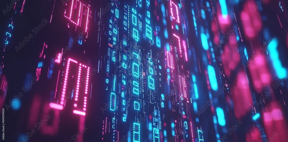Poster background of blue binary code with glowing lights, technology concept