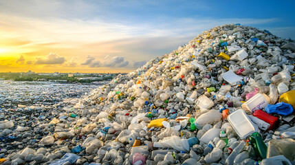  A landfill overflowing with plastic waste, with mountains of discarded bottles, bags, and packaging

