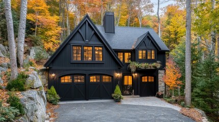 A contemporary wooden home features elegant dark garage doors surrounded by vibrant fall foliage, creating a serene atmosphere in a quiet residential area