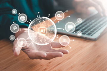 Digital information technology concept. Businessman touching artificial intelligence screen.