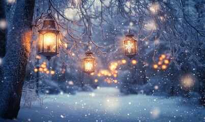 A serene winter landscape with softly glowing Christmas lanterns hanging from frosted trees, surrounded by gently falling snowflakes.