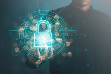 Data Security system concept, Business man use laptop with security icon screen, innovation technology, cloud computing, internet network communication