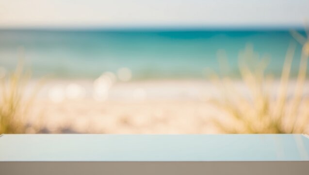 Table top view with blurred seascape summer beach background Flawless.