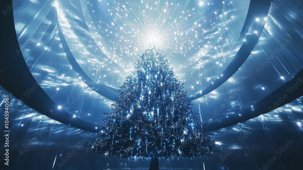 Poster a large, blue christmas tree with many lights is surrounded by a futuristic structure with curved, b