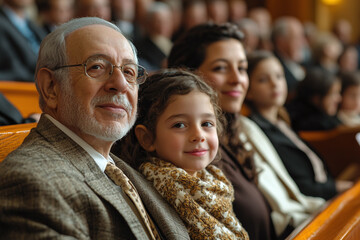 Jewish Family in Synagogue: A family sitting together in a synagogue, participating in the Rosh Hashanah service.