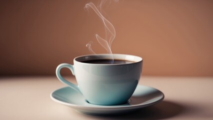 Steaming cup of coffee on warm background.