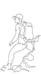 Continuous one line drawing tourist with a backpack in the mountains. Mountaineering. Rock climbing. High mountains. One continuous line isolated minimal vertical illustration.