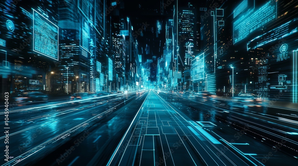Poster a high-tech office district with holographic displays showing data analytics accompanied by photorea