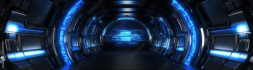 Poster this mesmerizing digital tunnel contains vibrant blue lights and dynamic patterns that represent inn