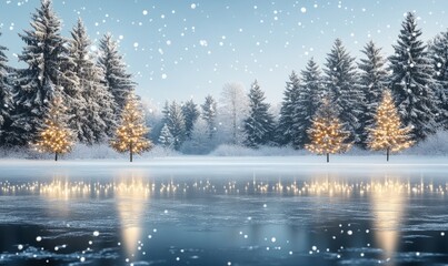 Obraz premium An elegant winter landscape with gently falling snowflakes over a frozen lake, surrounded by frosty pine trees decorated with simple, delicate strings of light