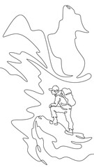 Continuous one line drawing tourist with a backpack in the mountains. Mountaineering. Rock climbing. High mountains. One continuous line isolated minimal vertical illustration.