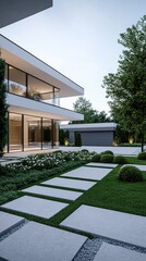 Obraz premium A contemporary home features expansive glass windows, a sleek exterior, and a beautifully landscaped garden with vibrant flowers and stone pathways