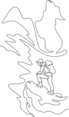 Continuous one line drawing tourist with a backpack in the mountains. Mountaineering. Rock climbing. High mountains. One continuous line isolated minimal vertical illustration.