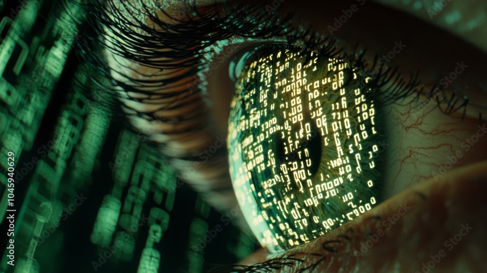 Poster a close-up of a human eye on a green tech background. this image portrays a hacker face and digital 