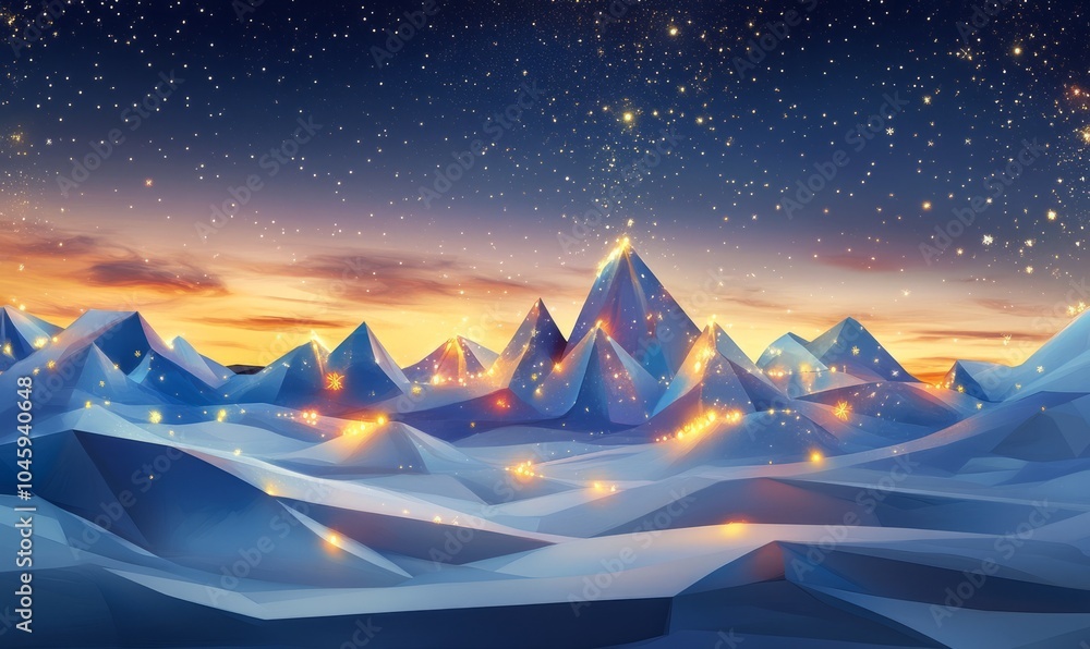 Poster a wintery geometric landscape with sharp snowy peaks and glowing lights, blending with abstract snow