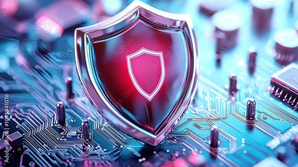 Poster an illuminated shield representing cyber security in red and blue.