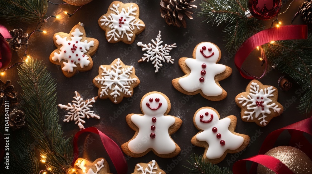 Poster gingerbread cookies in the shapes of snowflakes and gingerbread men, decorated with white icing and 