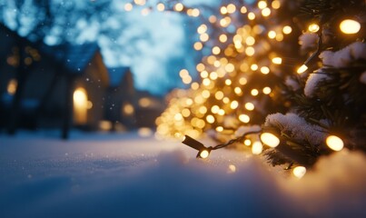 Christmas lights twinkling on a snowy evening with soft snowfall and a warm glow from nearby houses