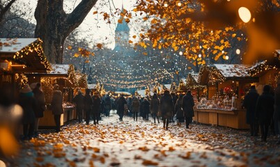 Christmas market, autumn leaves, festive, joyful, crowded