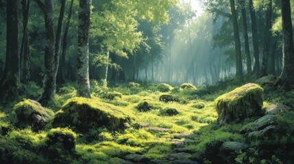 Obraz premium Forest glade with moss-covered rocks