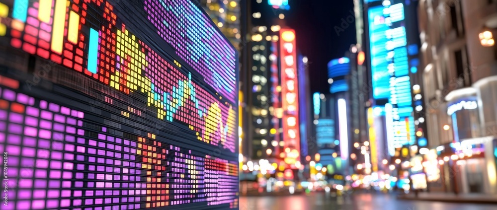 Poster charts and data of colorful financial information in a blurred, abstract image.