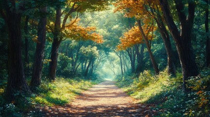 Forest trail with a canopy of leaves