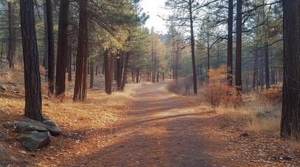 Obraz premium Forest trail with scattered pine needles and leaves